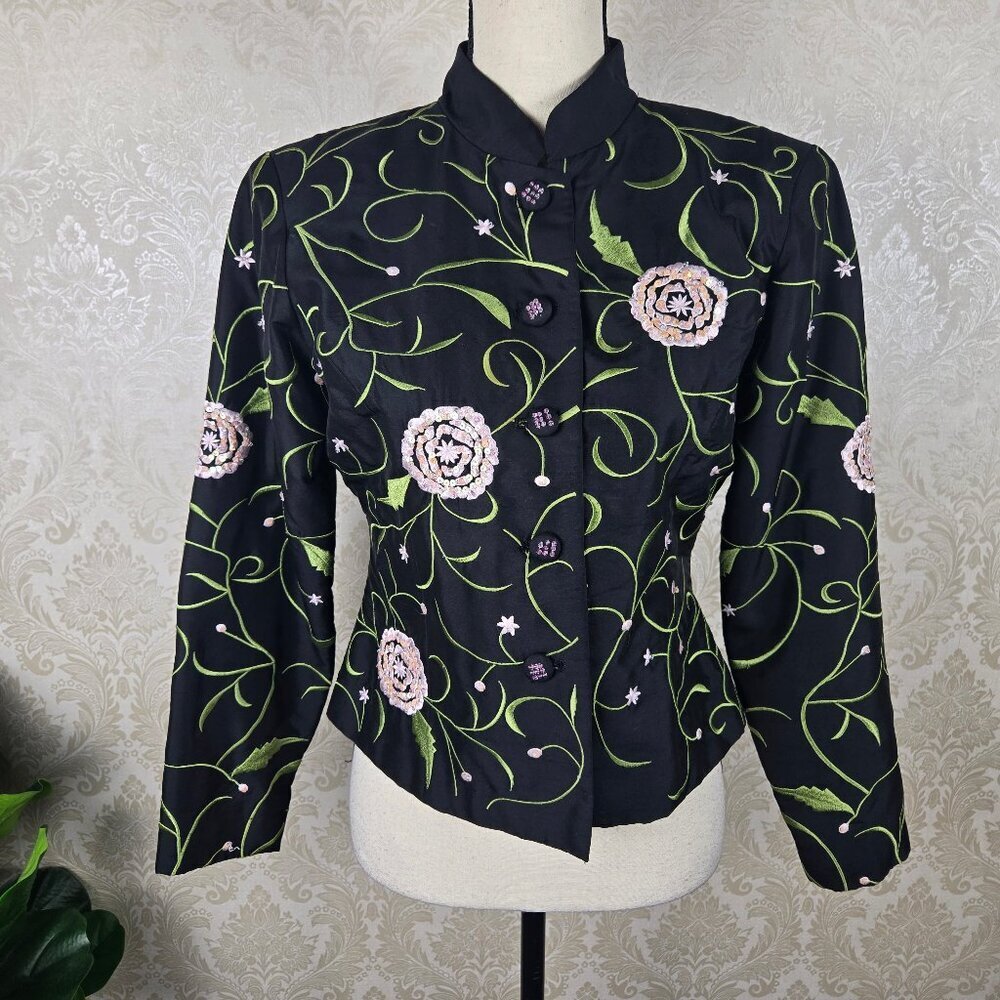 Dressbarn Collection Sz Small Embroidered Black Silk Blnd Cropped Blazer Floral